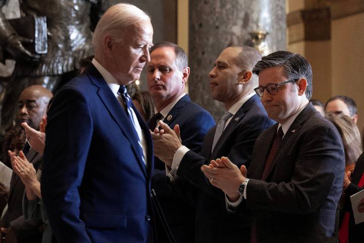 Speaker of the House Mike Johnson, R-La., House Minority Leader Hakeem Jeffries, D-N.Y. and oth ...