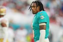 Miami Dolphins cornerback Jalen Ramsey (5) stands on the field during the first half of an NFL ...