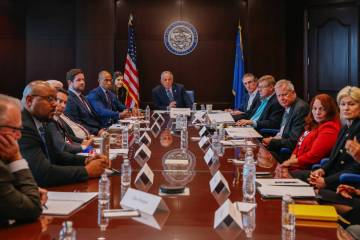 Gov. Joe Lombardo, center, meets with Interior Secretary Doug Burgum and Housing and Urban Deve ...