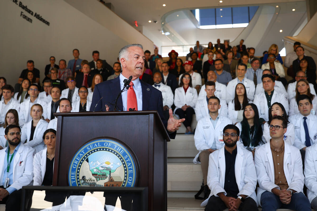 Gov. Joe Lombardo talks about the Nevada Healthcare Access Act at UNLV's Kirk Kerkorian School ...