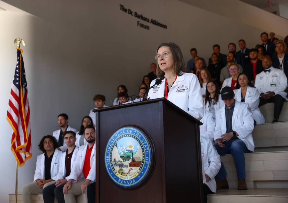 Dr. Alison Netski, interim dean of the Kirk Kerkorian School of Medicine, speaks before Gov. Jo ...