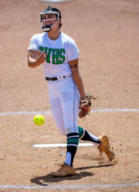Palo Verde pitcher Ava Koenig (24) releases a show to the plate and a Centennial batter during ...