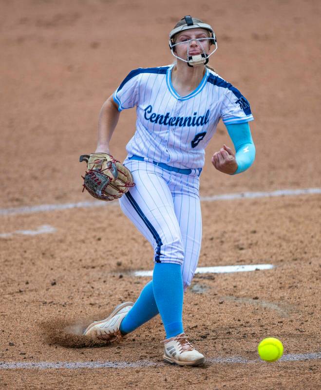 Centennial pitcher Sloane Merrell (8) releases another throw to the plate and a Palo Verde batt ...