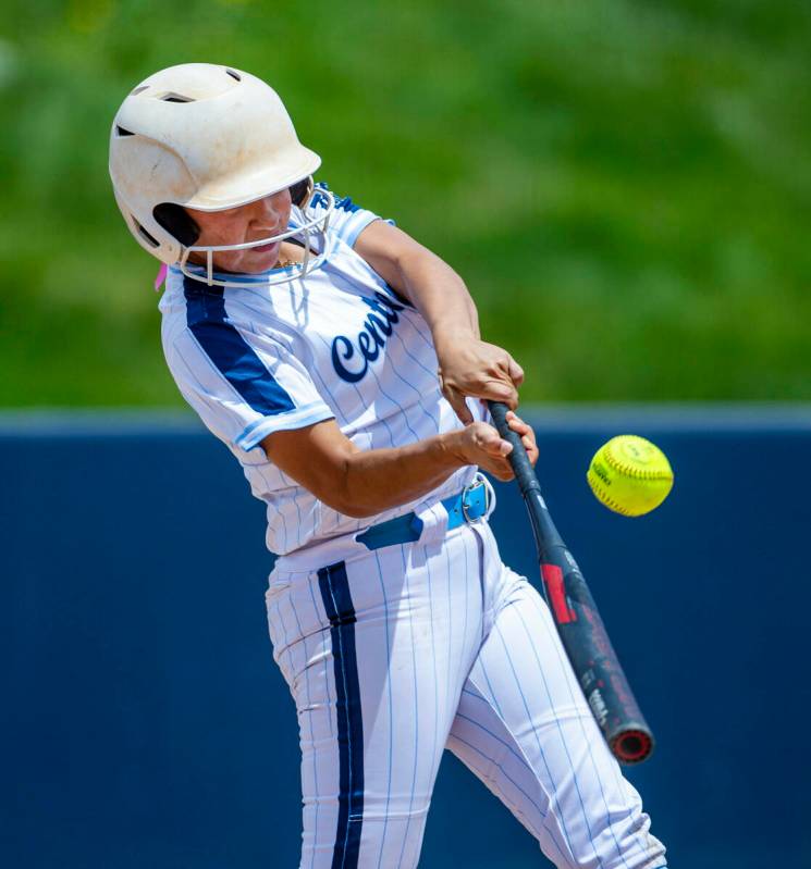 Centennial batter Leeah Ibarra (6) connects on a Palo Verde pitch during day two of the 5A soft ...