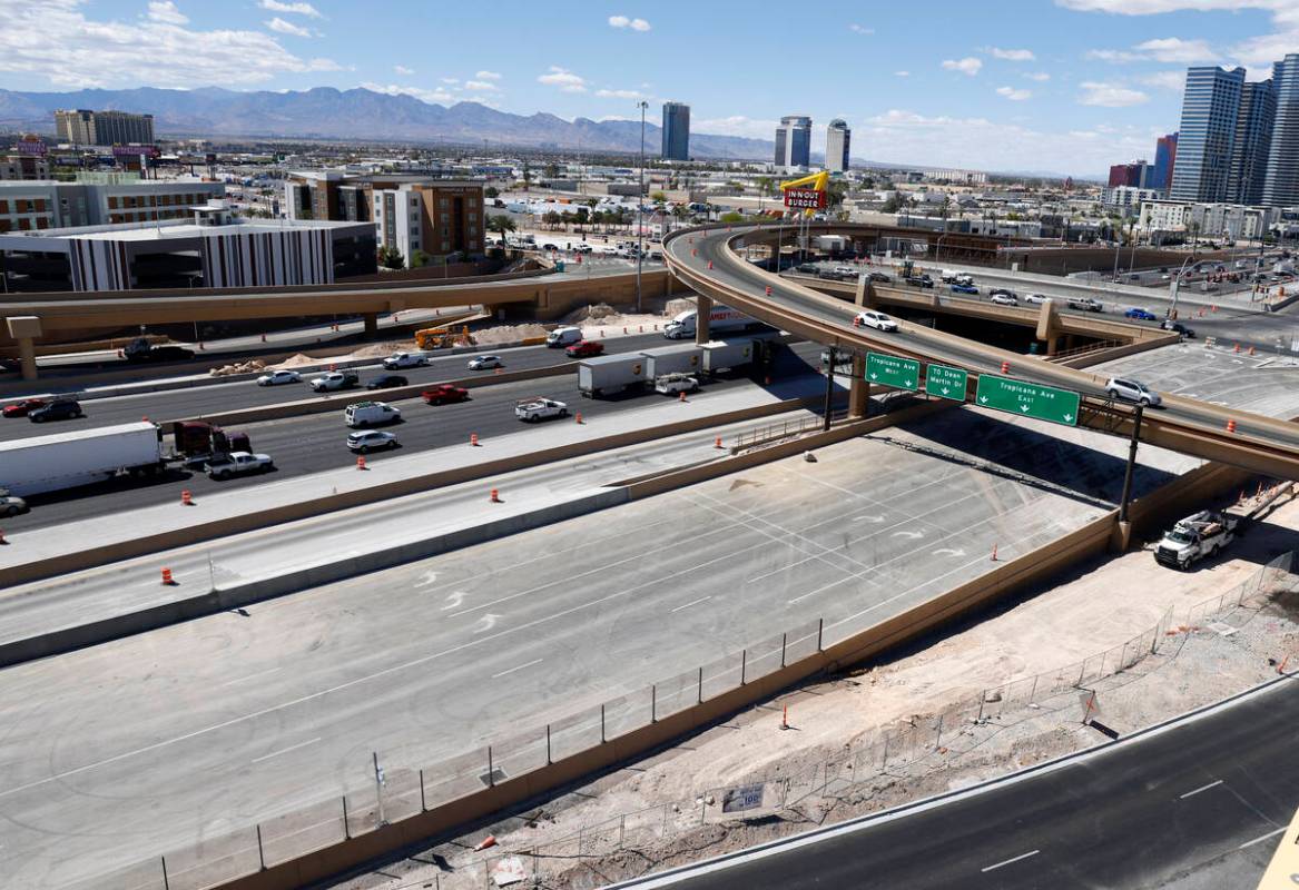Construction crews work on Interstate 15 at Tropicana Avenue in Las Vegas Tuesday, April 29, 20 ...