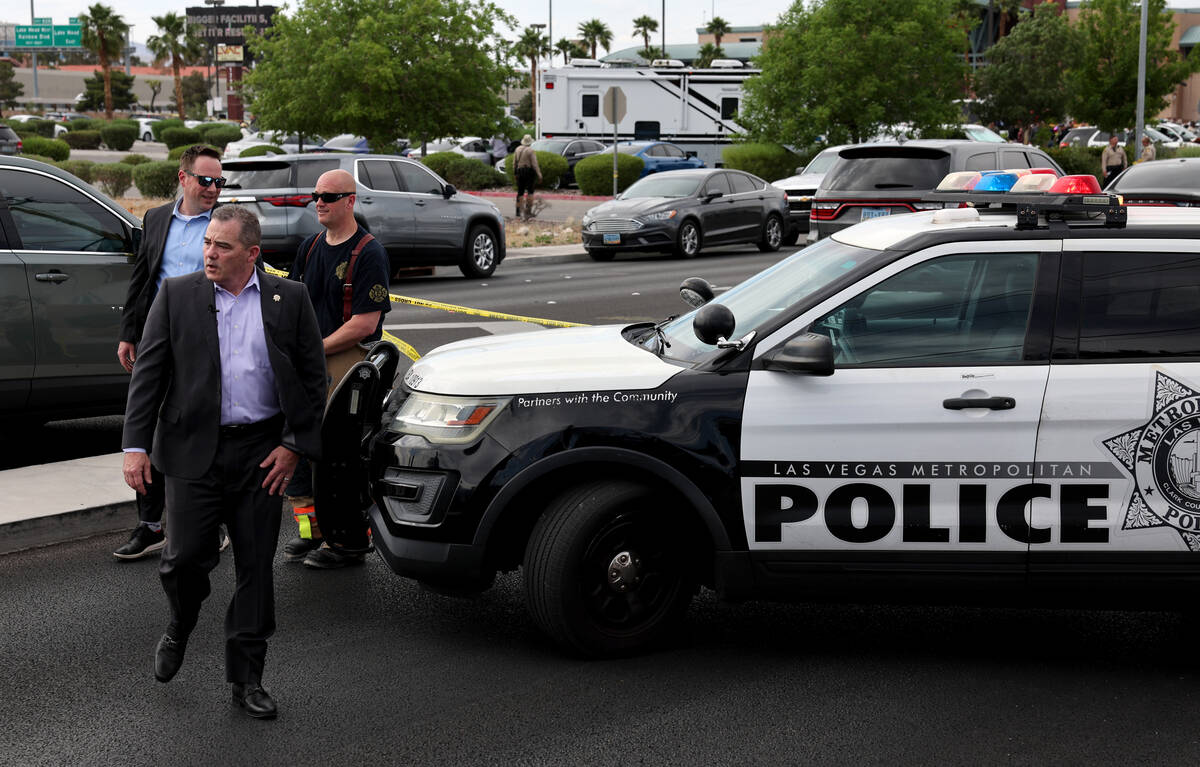 Las Vegas police Undersheriff Andrew Walsh arrives for a media briefing following an officer in ...