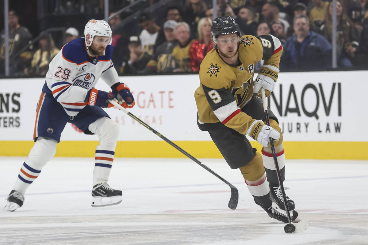 Golden Knights center Jack Eichel (9) skates ahead of Edmonton Oilers center Leon Draisaitl (29 ...