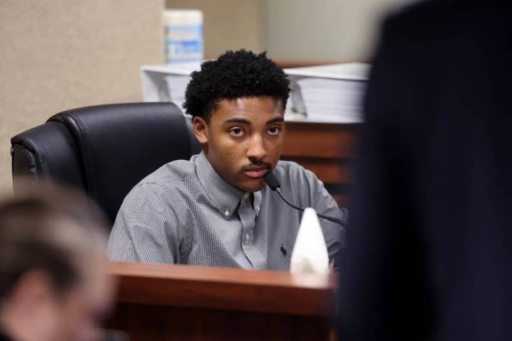 Former UNLV basketball recruit Zaon Collins testifies on the witness stand in Clark County Dist ...