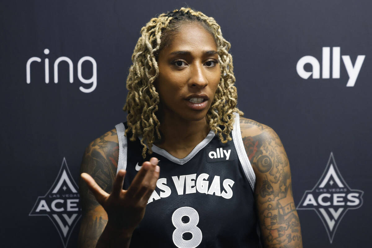 Las Vegas Aces forward Crystal Bradford speaks during team's media day, on Thursday, May 8, 202 ...