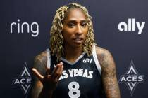 Las Vegas Aces forward Crystal Bradford speaks during team's media day, on Thursday, May 8, 202 ...