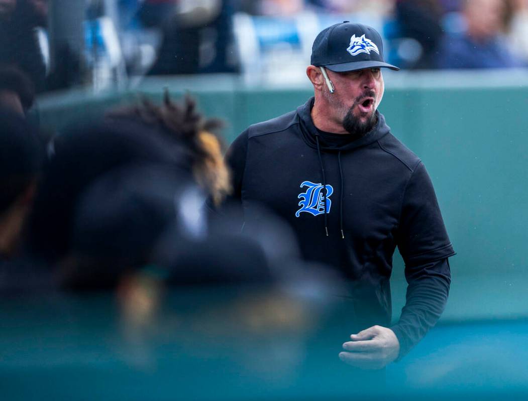 Basic head coach Gino DiMaria is displeased with a call at first base against Reno during the f ...