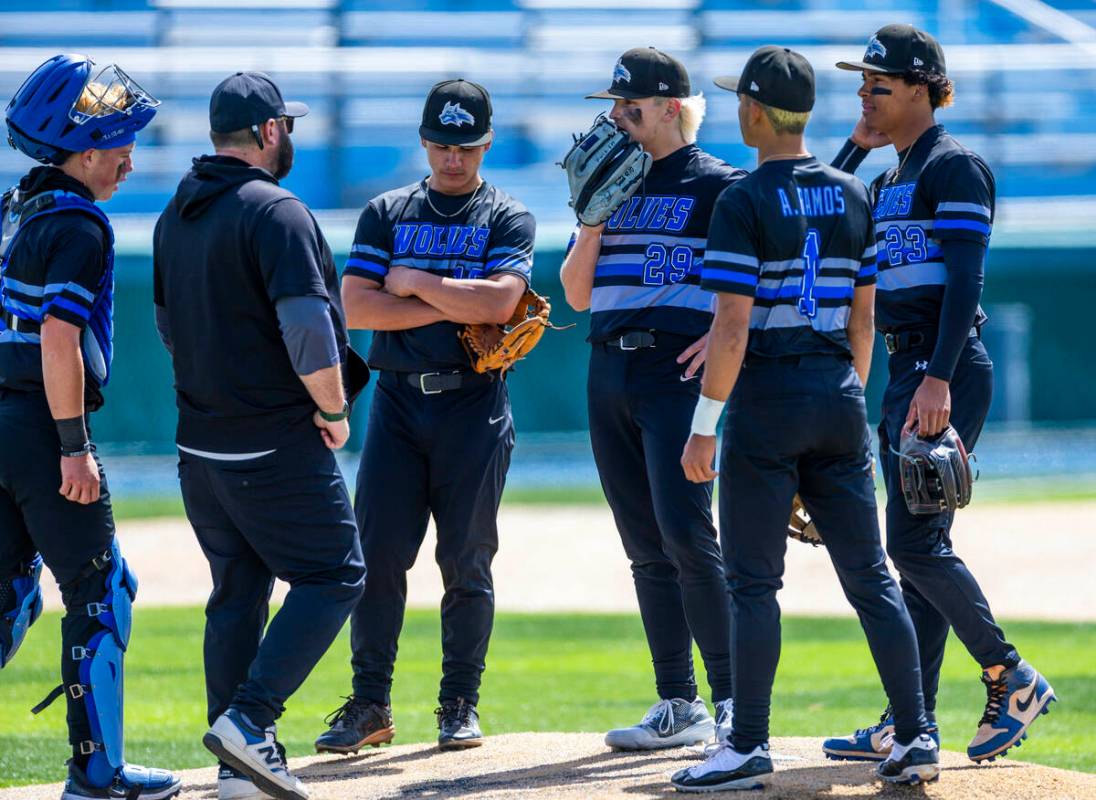 Basic players and their coach talk strategy on the mound on a timeout against Reno during the f ...