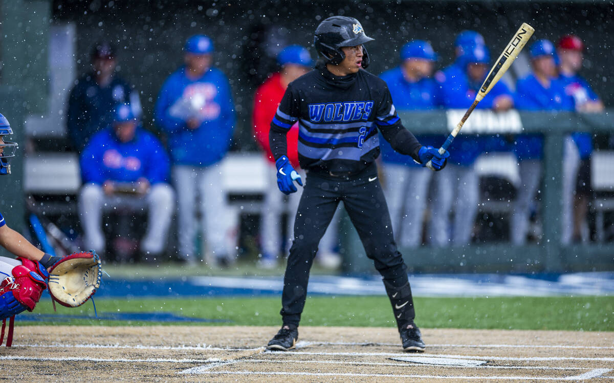Basic batter Troy Southisene (2) readies to bat in the rain against a Reno pitcher in extra inn ...