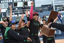 Palo Verde players celebrate after defeating Centennial 7-3 to win the NIAA state softball cham ...