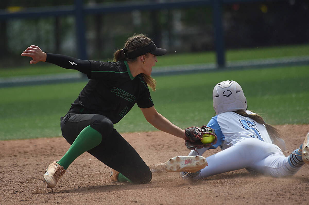 Palo Verde’s Taylor Johns tags out Centennial’s Valeria Lopez at second base during the NIA ...