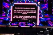 A weather delay sign is displayed on the QuantumValley stage during day two of the Electric Dai ...