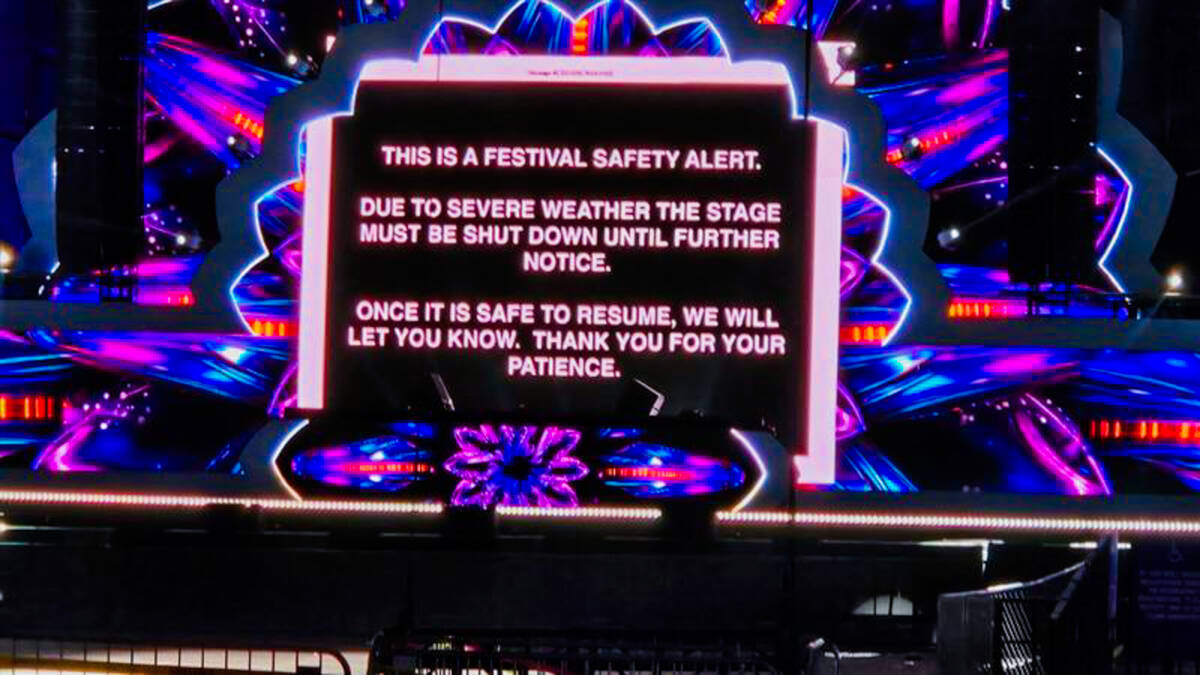 A weather delay sign is displayed on the QuantumValley stage during day two of the Electric Dai ...