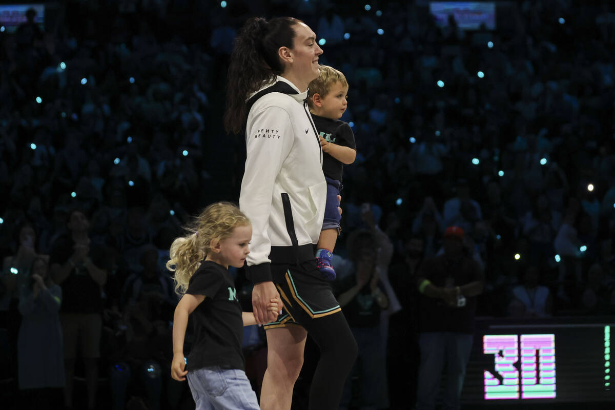 New York Liberty forward Breanna Stewart (30) walks out to receive her 2024 WNBA championship r ...