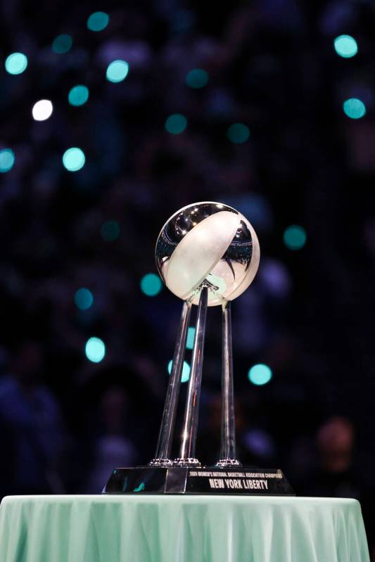 The WNBA Championship Trophy is displayed before the start of a ring ceremony for the New York ...