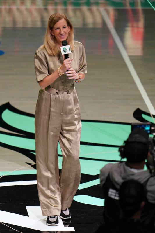 WNBA basketball commissioner Cathy Engelbert speaks during the pregame ceremonies before a bask ...