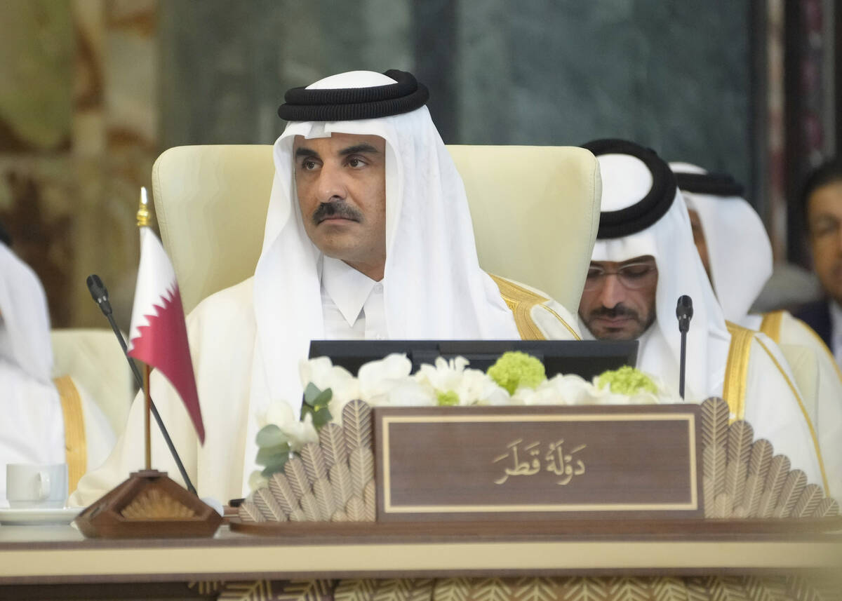 Emir of Qatar Sheikh Tamim bin Hamad Al Thani attends the 34th Arab League summit, in Baghdad, ...