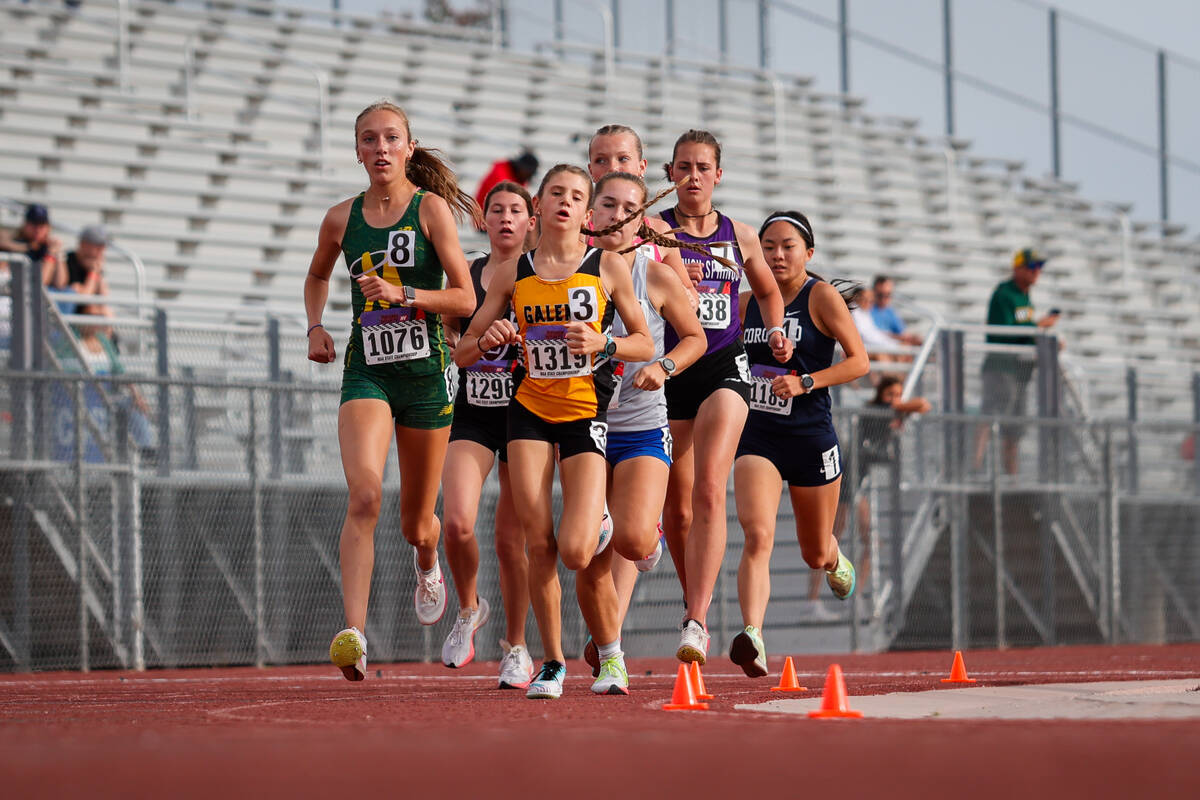 Runners take-off during the NIAA 5A Girls 3200-meter run final at Desert Oasis High School on S ...