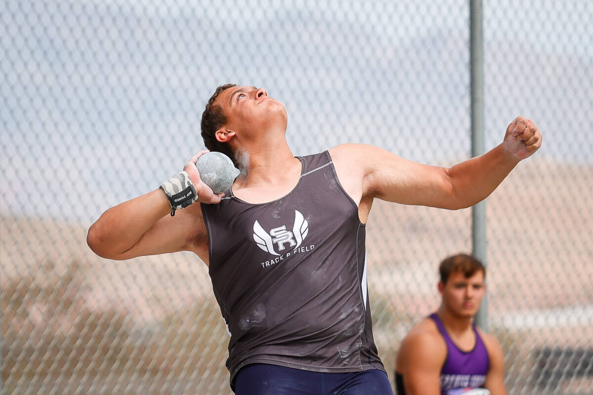 Shadow Ridge High School junior Mason Gooder throws the shot-put during the NIAA 5A Boys shot-p ...