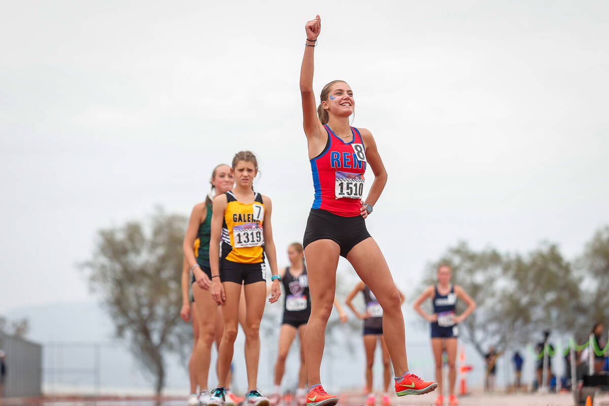 Reno High School senior Melis Kavlicoglu points up to the sky before the NIAA 5A Girls 800-mete ...