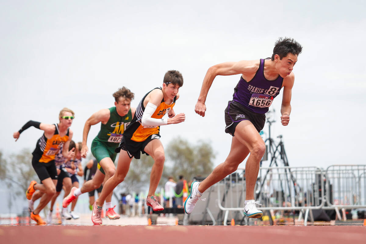 Runners take off for the NIAA 5A Boys 800-meter run final at Desert Oasis High School on Satur ...
