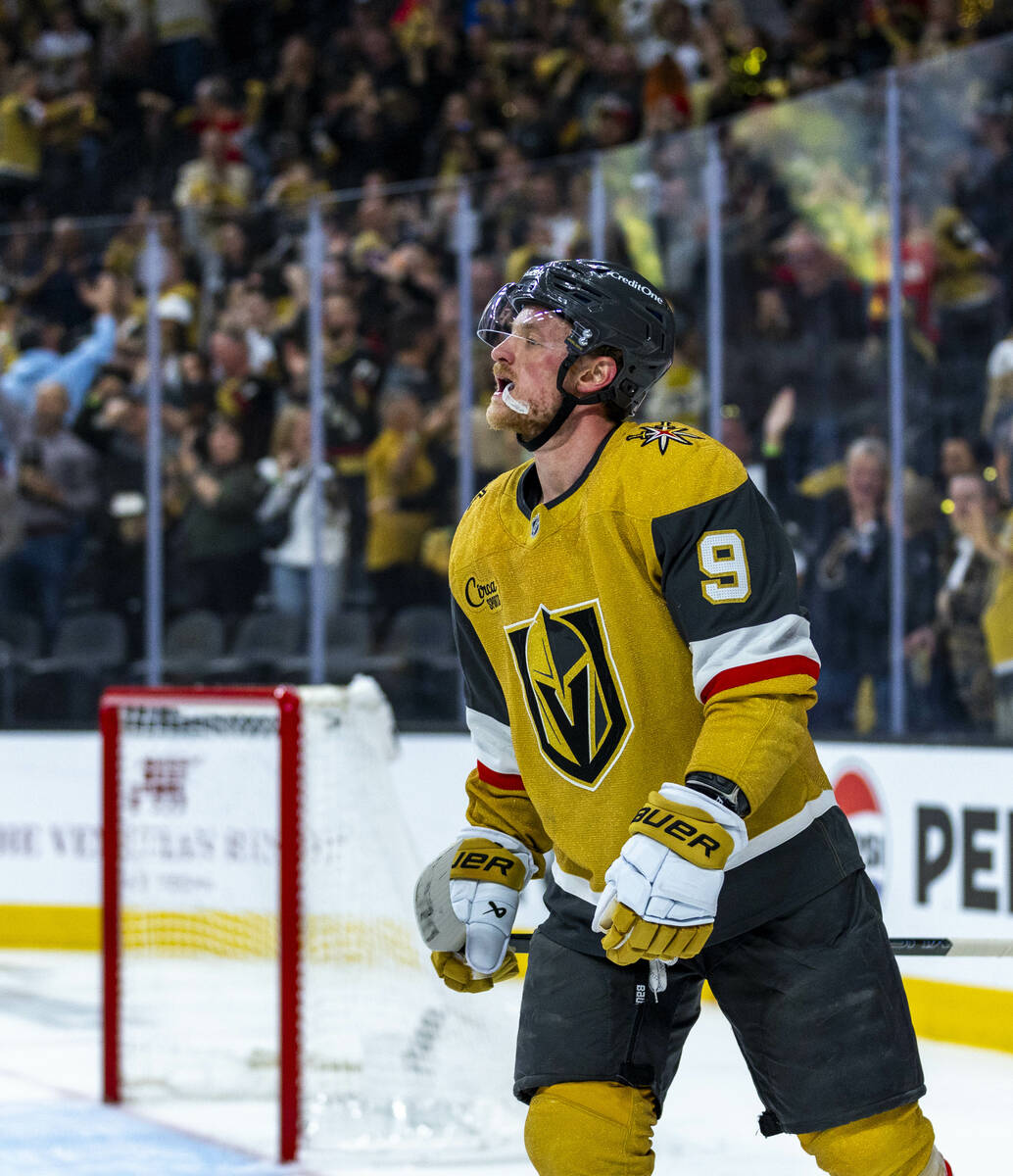 Golden Knights center Jack Eichel (9) is a bit spent after a team score against the Edmonton Oi ...