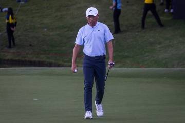 Doug Ghim reacts after finishing at the 18th hole for the final round of the Shriners Children& ...