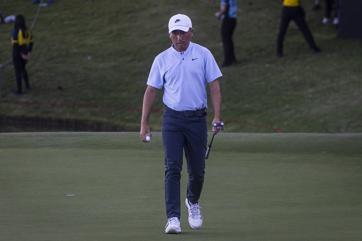 Doug Ghim reacts after finishing at the 18th hole for the final round of the Shriners Children& ...