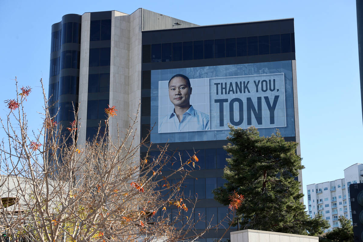 One of two building wraps on Zappos headquarters in downtown Las Vegas Tuesday, Jan. 5, 2021, h ...