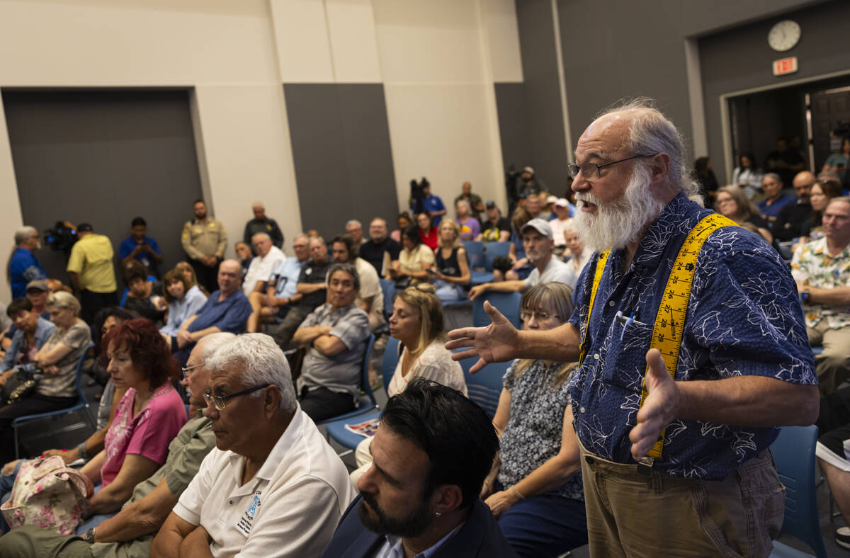 Steven Goldman, of Las Vegas, speaks during a community town hall to address houseless individu ...
