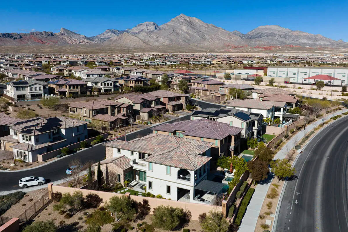 An aerial view of homes at Sarasota in The Paseos of Summerlin, on Thursday, Feb. 6, 2025. (Biz ...