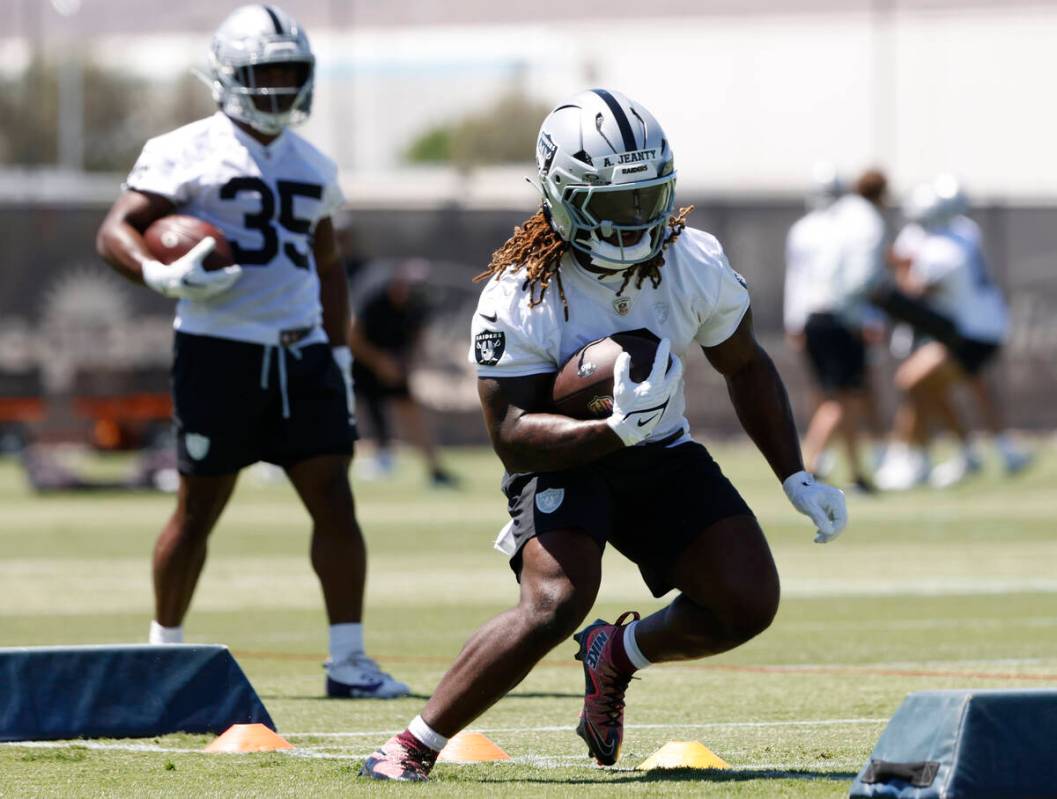 Raiders running back Ashton Jeanty goes through a drill during the 2025 rookie mini camp at the ...