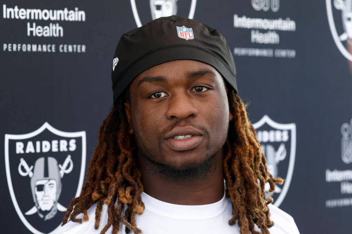 Raiders running back Ashton Jeanty addresses the media after participating in the Raiders rooki ...