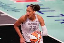 Las Vegas Aces center A'ja Wilson (22) during a WNBA basketball game against the New York Liber ...