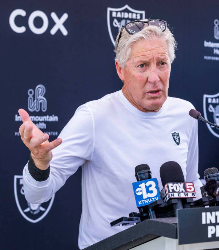Raiders head coach Pete Carroll speaks to the media during Raiders OTA practice at the Intermou ...