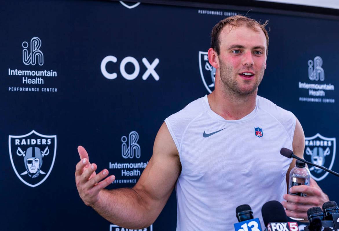 Raiders tight end Brock Bowers (89) speaks to the media during Raiders OTA practice at the Inte ...