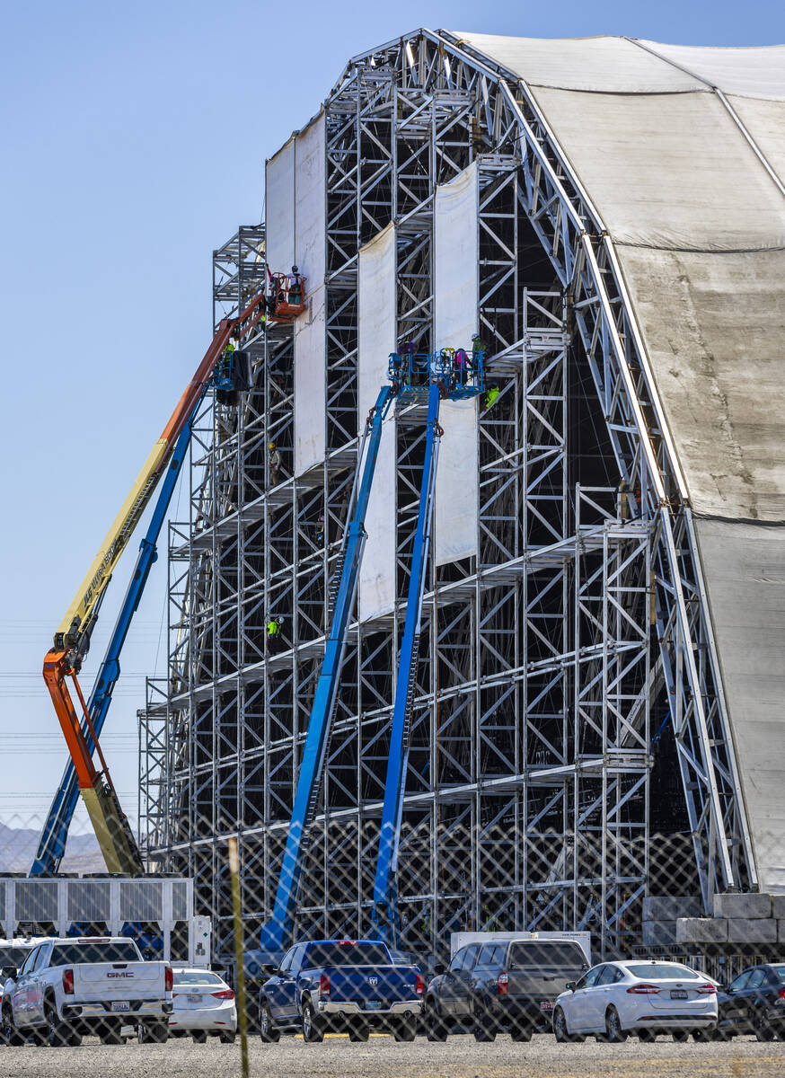 Construction continues on a hangar-like building being constructed near the South Point Wednesd ...