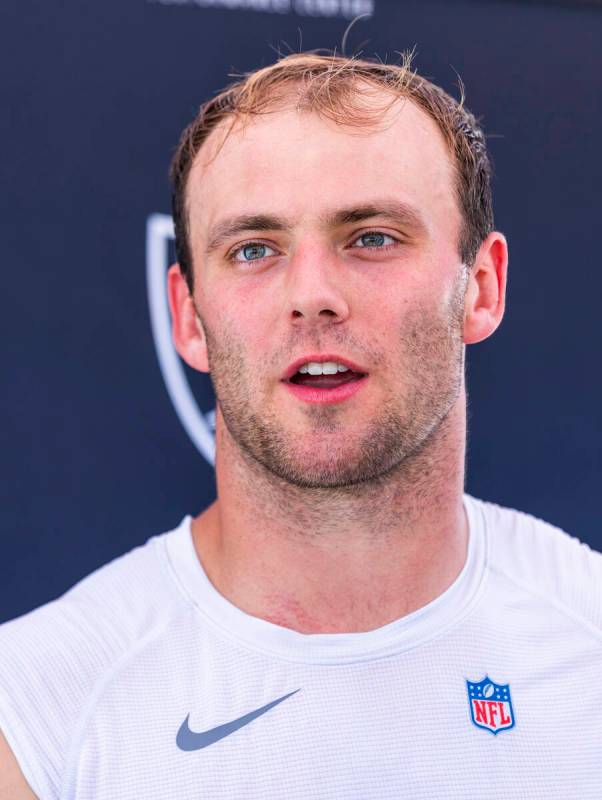 Raiders tight end Brock Bowers (89) speaks to the media during Raiders OTA practice at the Inte ...