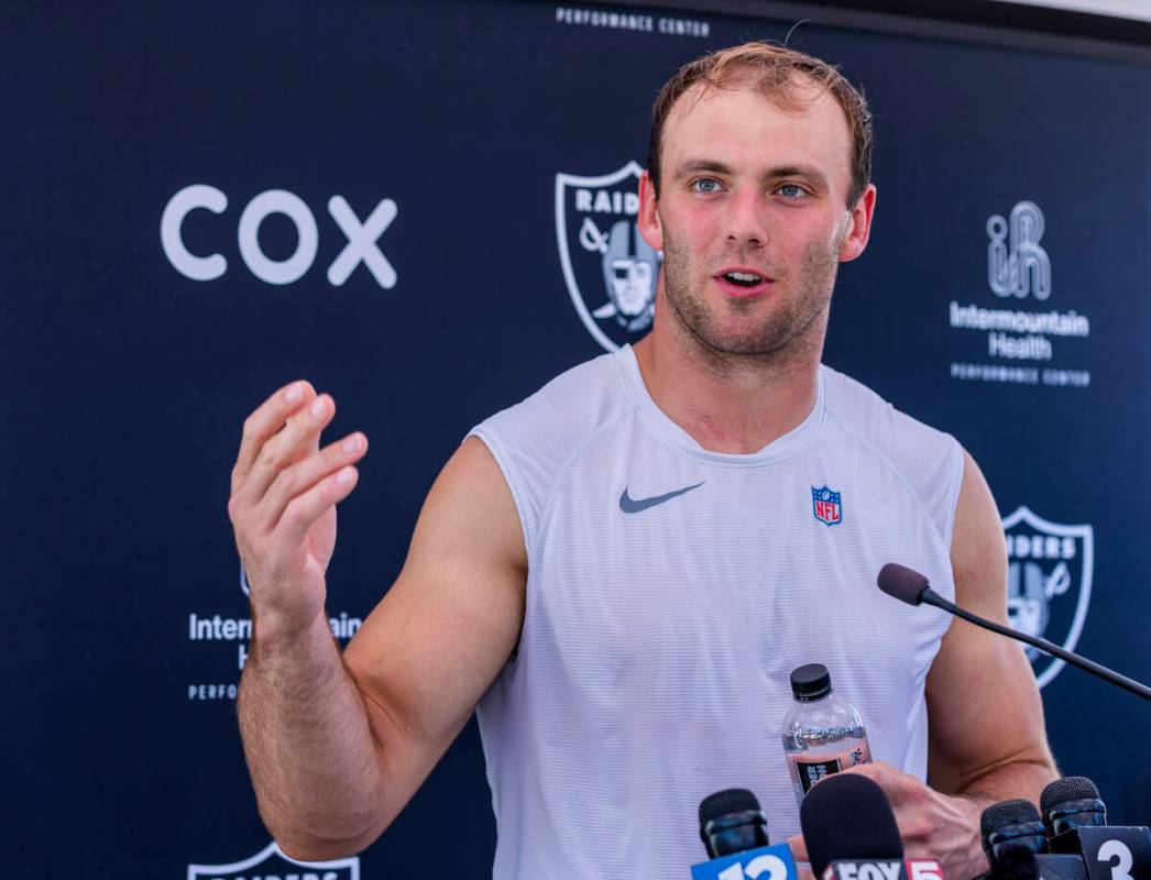 Raiders tight end Brock Bowers (89) speaks to the media during Raiders OTA practice at the Inte ...