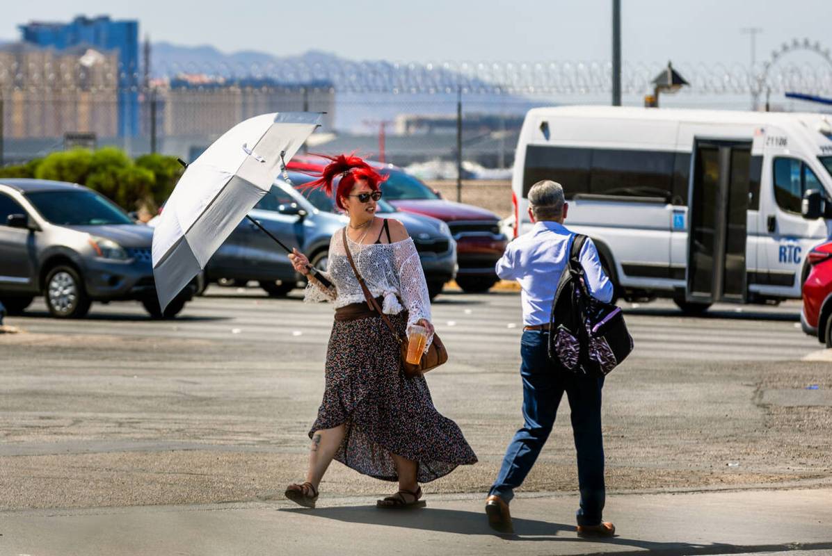 A pedestrian keeps herself shaded as she walks down South Eastern Avenue on Thursday, May 22, 2 ...