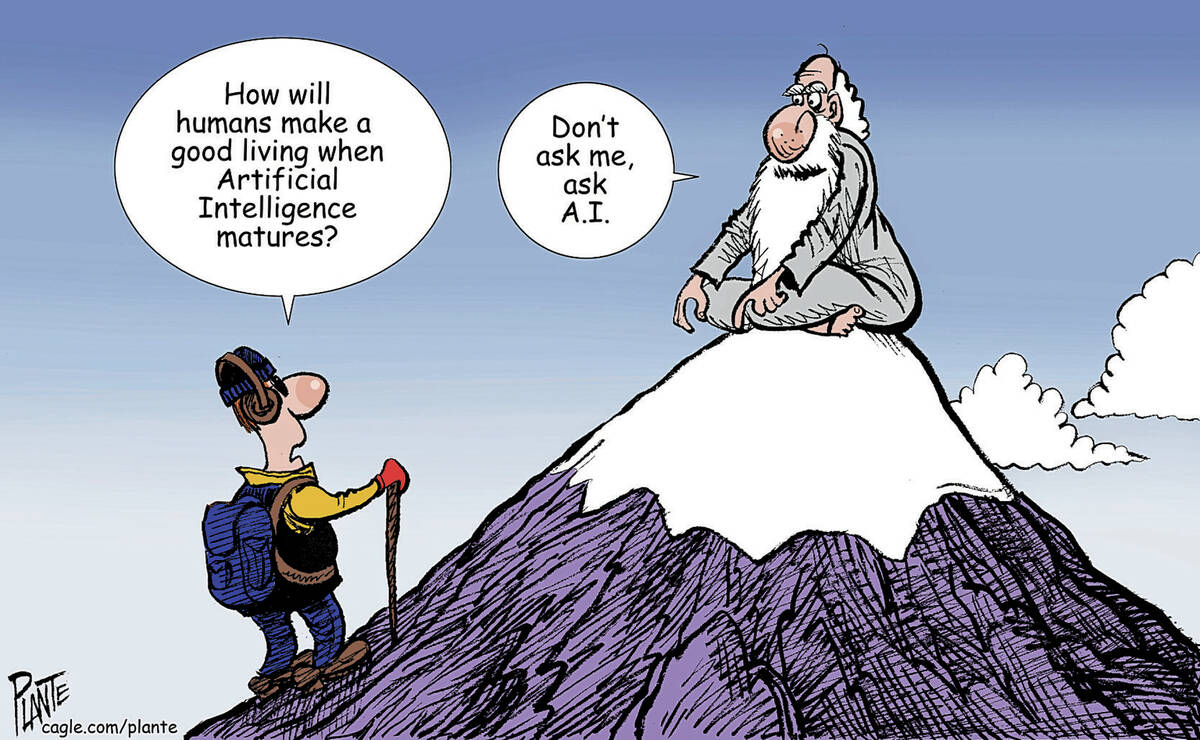 A mountain climber asks a guru about AI, artificial intelligence, guru, sage, mountaintop, wise ...