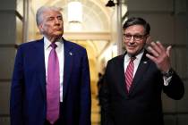President Donald Trump and Speaker of the House Mike Johnson, R-La., speak to reporters after d ...