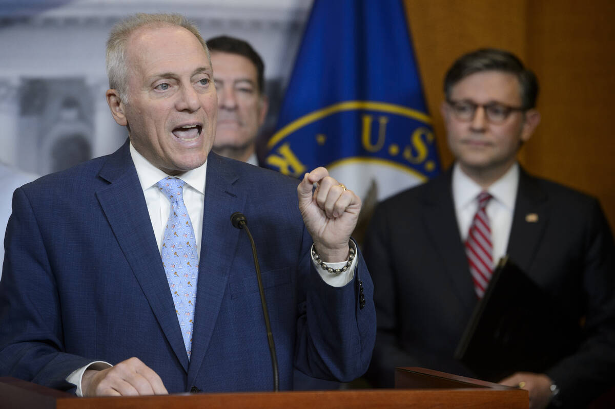 House Majority Leader Steve Scalise, R-La., left, is joined by Rep. Mark Green, R-Tenn., center ...