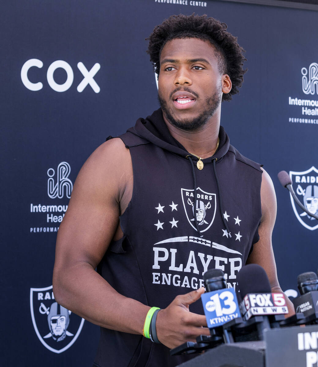 Raiders defensive end Malcolm Koonce (51) speaks to the media during Raiders OTA practice at th ...