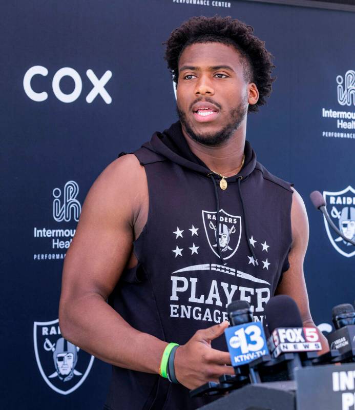 Raiders defensive end Malcolm Koonce (51) speaks to the media during Raiders OTA practice at th ...