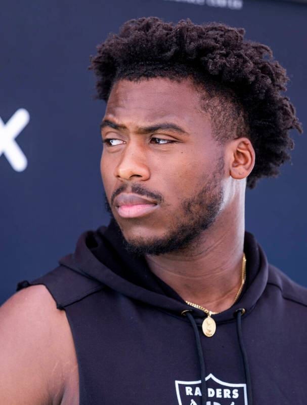 Raiders defensive end Malcolm Koonce (51) listens to a question by the media during Raiders OTA ...